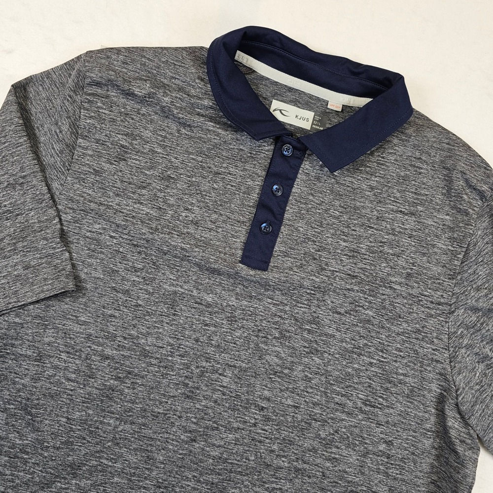 KJUS Mens Golf Polo Shirt Gray Navy Blue Space Dye UPF 50+ Regular Fit Size 52 L